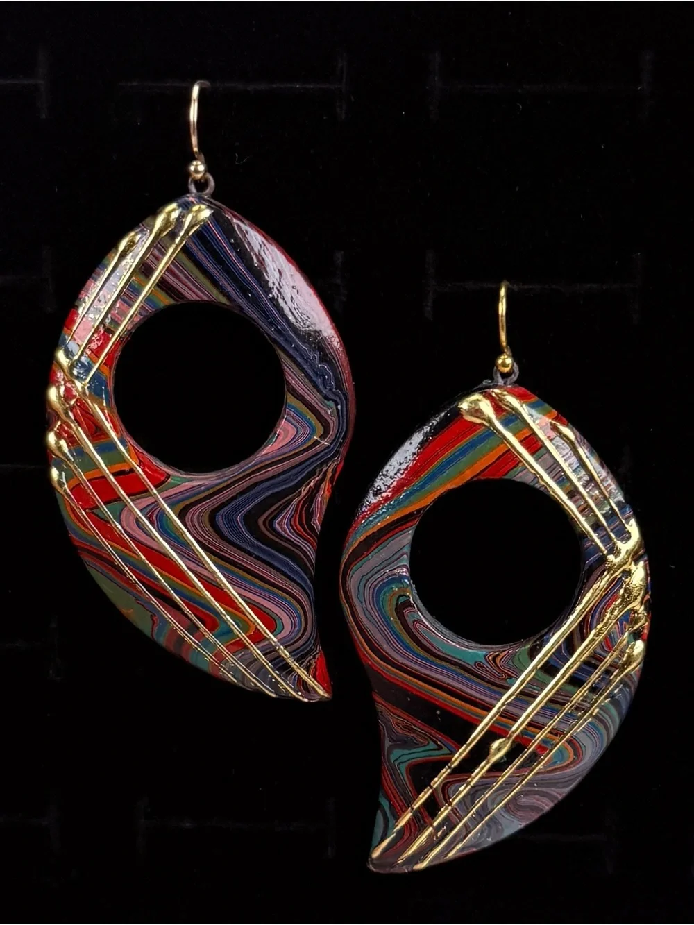 Oversized Wood Pierced Earrings Multicolor Abstract Swirl Gold Tone Dangle